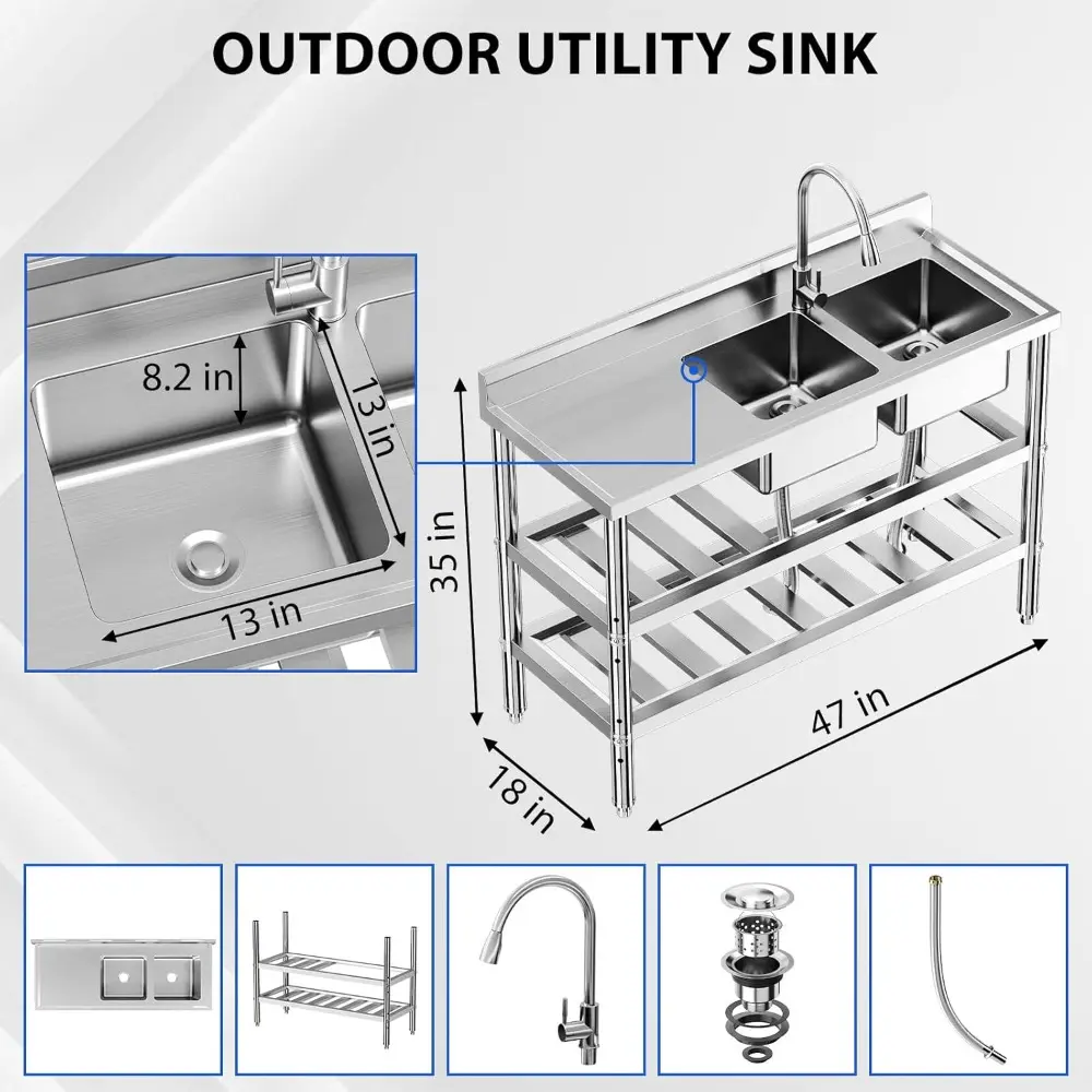 304 Stainless Steel Utility Sink with Workbench, NSF Free Standing Kitchen Sink Single Bowl with Hot & Cold Water Faucet for Gar