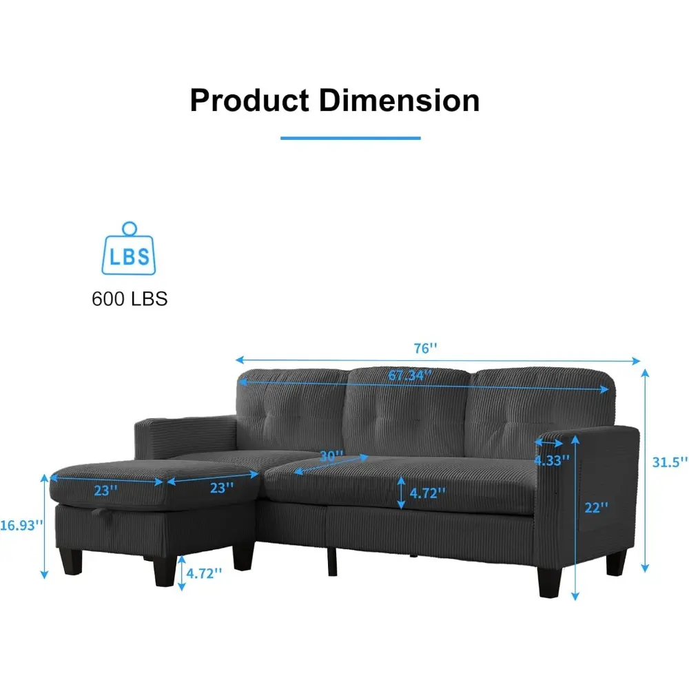L Shape Sectional Sofa for Living Room, 3 Seater L-Shaped Couch with Reversible Storage Ottoman, Corduroy Fabric Lounge Couch C
