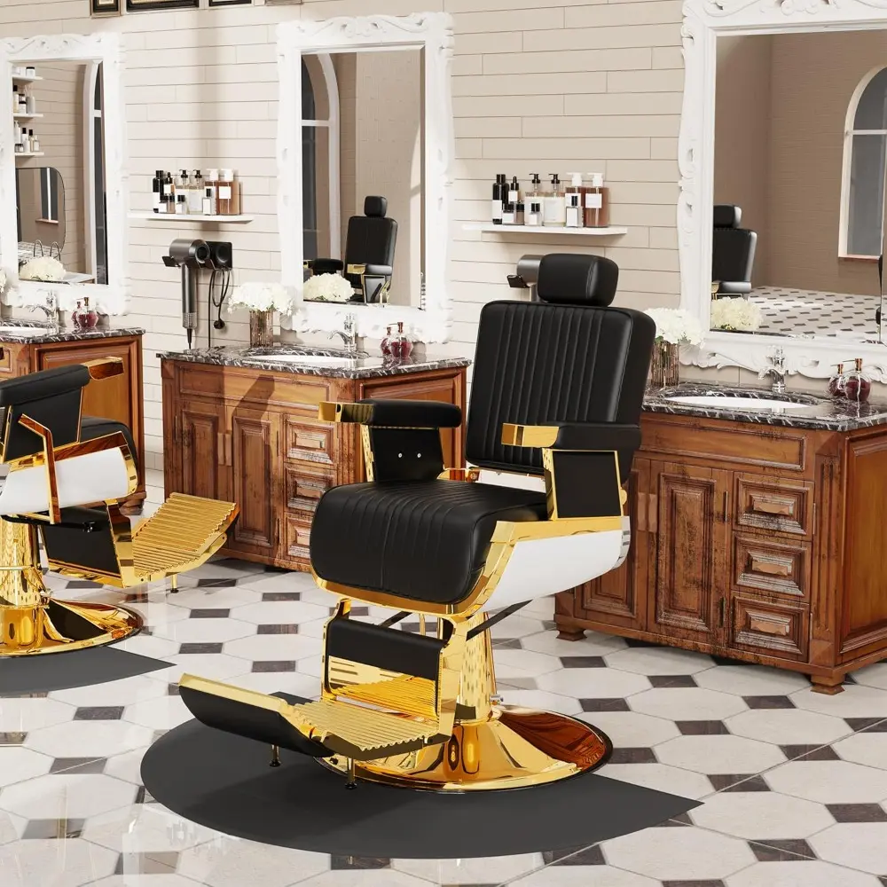 Black Gold Reclining Salon Chair with Adjustable Backrest & Lumbar Support, Elegant Design Stylist Chair, Heavy Duty Hair Barbe