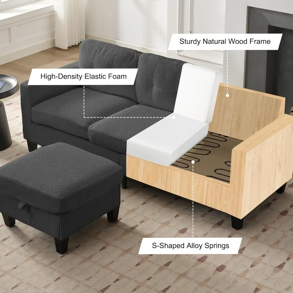 L Shape Sectional Sofa for Living Room, 3 Seater L-Shaped Couch with Reversible Storage Ottoman, Corduroy Fabric Lounge Couch C