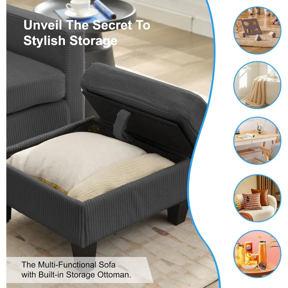 L Shape Sectional Sofa for Living Room, 3 Seater L-Shaped Couch with Reversible Storage Ottoman, Corduroy Fabric Lounge Couch C