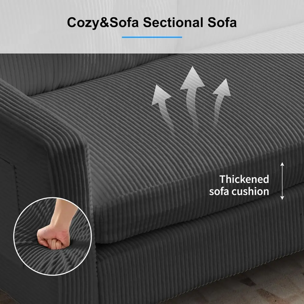 L Shape Sectional Sofa for Living Room, 3 Seater L-Shaped Couch with Reversible Storage Ottoman, Corduroy Fabric Lounge Couch C