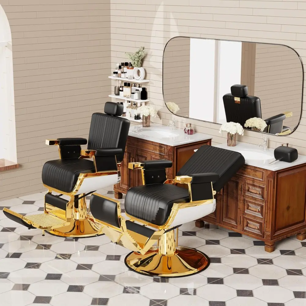 Black Gold Reclining Salon Chair with Adjustable Backrest & Lumbar Support, Elegant Design Stylist Chair, Heavy Duty Hair Barbe