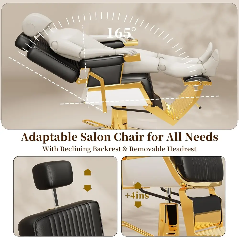 Black Gold Reclining Salon Chair with Adjustable Backrest & Lumbar Support, Elegant Design Stylist Chair, Heavy Duty Hair Barbe