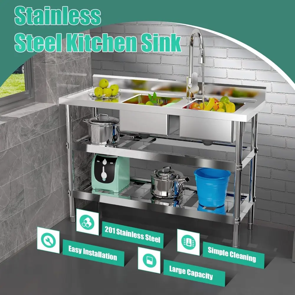 47.2"Free Standing Double Bowl Sink, Stainless Steel Utility Sink, Commercial Kitchen Sink, Outdoor Sink Set w/Pull-out Faucet &
