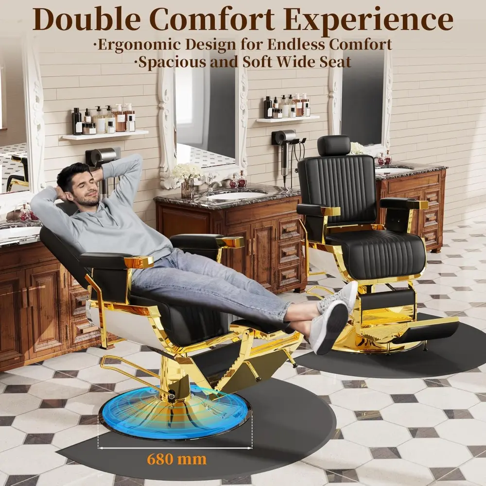 Black Gold Reclining Salon Chair with Adjustable Backrest & Lumbar Support, Elegant Design Stylist Chair, Heavy Duty Hair Barbe