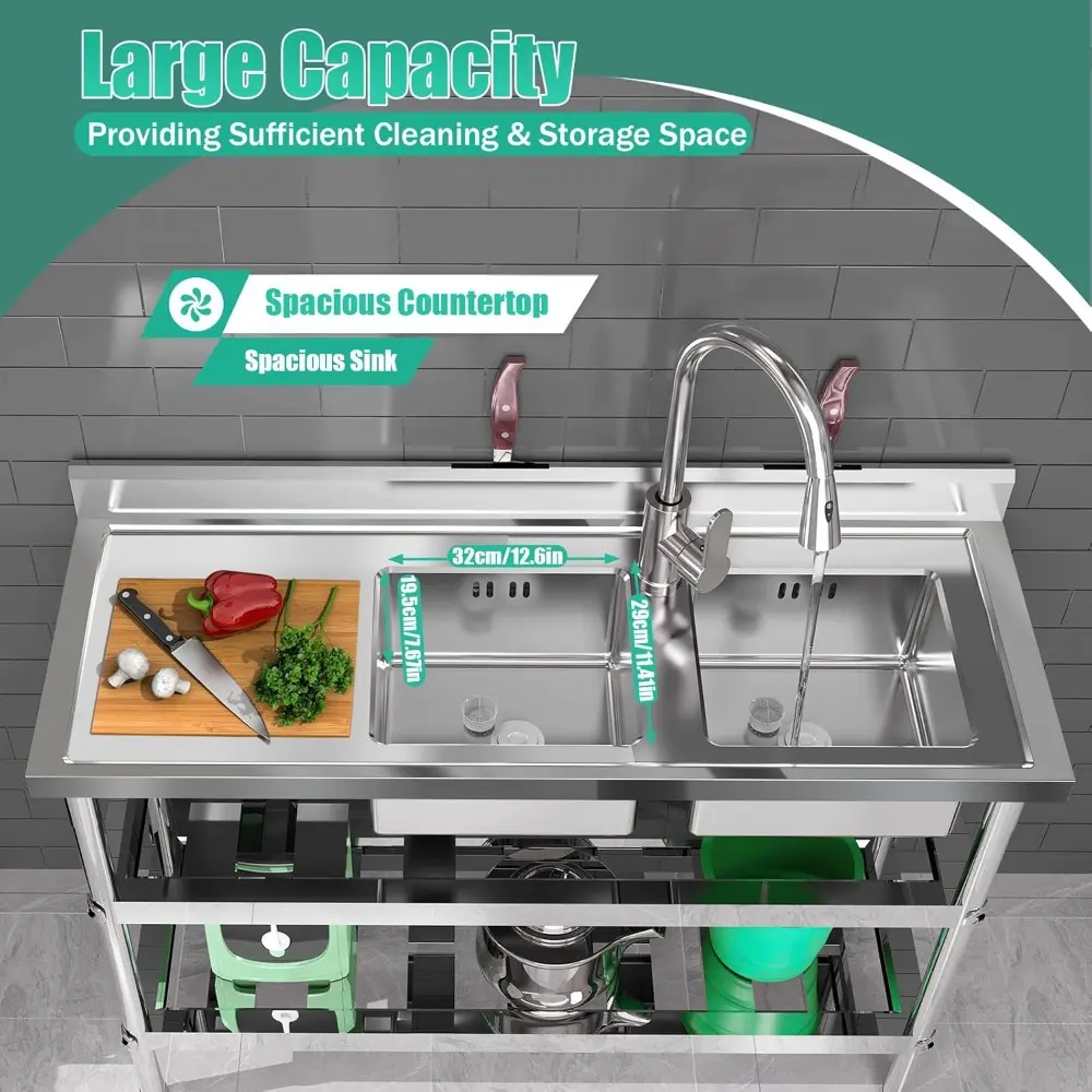 47.2"Free Standing Double Bowl Sink, Stainless Steel Utility Sink, Commercial Kitchen Sink, Outdoor Sink Set w/Pull-out Faucet &