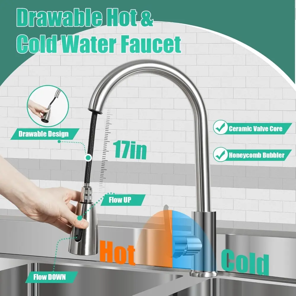 47.2"Free Standing Double Bowl Sink, Stainless Steel Utility Sink, Commercial Kitchen Sink, Outdoor Sink Set w/Pull-out Faucet &