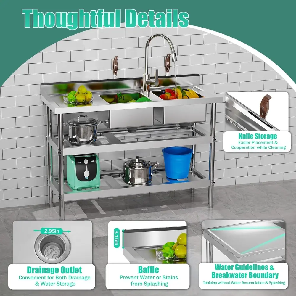 47.2"Free Standing Double Bowl Sink, Stainless Steel Utility Sink, Commercial Kitchen Sink, Outdoor Sink Set w/Pull-out Faucet &