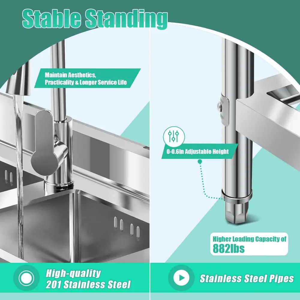 47.2"Free Standing Double Bowl Sink, Stainless Steel Utility Sink, Commercial Kitchen Sink, Outdoor Sink Set w/Pull-out Faucet &