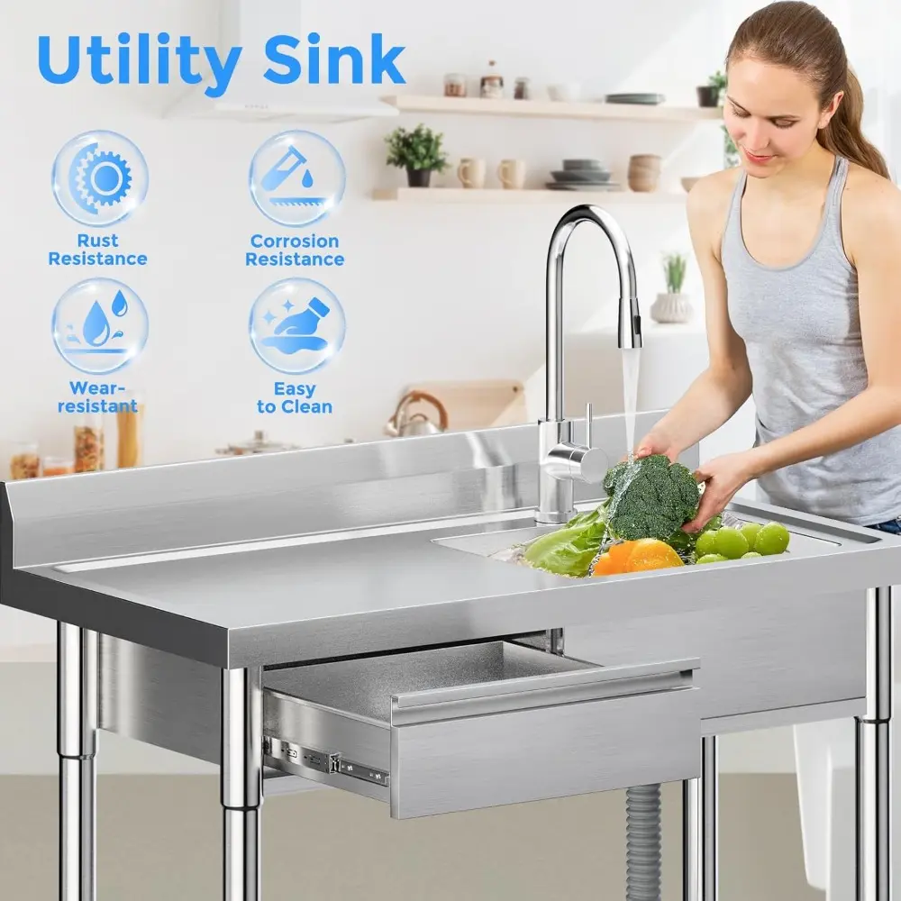Stainless Steel Utility Sink,Freestanding Kitchen Sink with Hot and Cold Water Pipes, Drawer, Shelf, Indoor and Outdoor,39inch