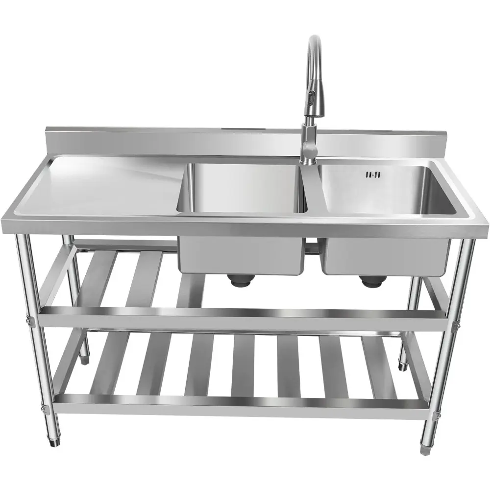 Commercial Grade Stainless Steel Prep & Utility Sink Double Bowl Free Standing Kitchen Sink with Workbench&Storage Shelves for L