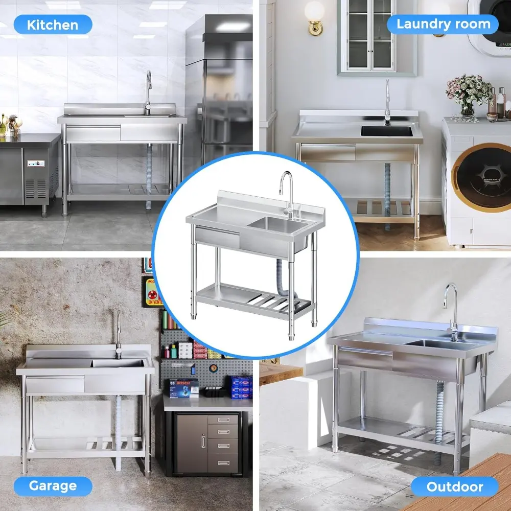 Stainless Steel Utility Sink,Freestanding Kitchen Sink with Hot and Cold Water Pipes, Drawer, Shelf, Indoor and Outdoor,39inch