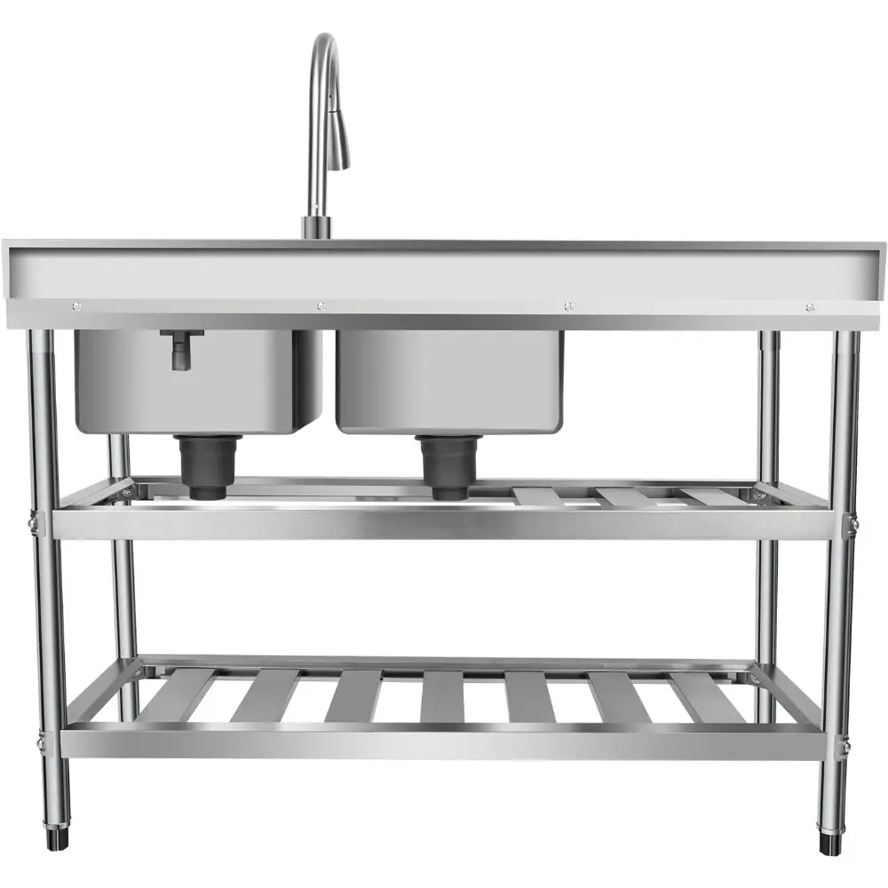 Commercial Grade Stainless Steel Prep & Utility Sink Double Bowl Free Standing Kitchen Sink with Workbench&Storage Shelves for L