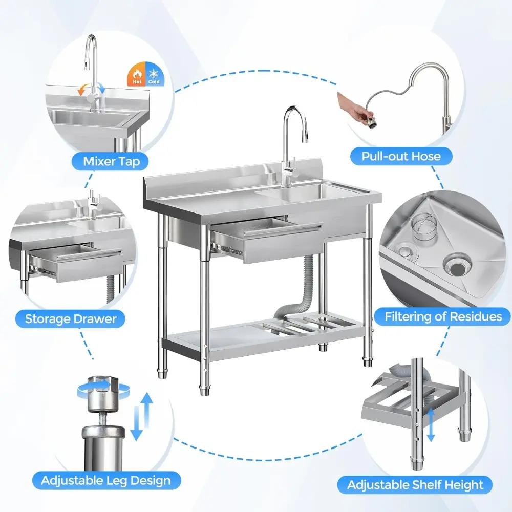 Stainless Steel Utility Sink,Freestanding Kitchen Sink with Hot and Cold Water Pipes, Drawer, Shelf, Indoor and Outdoor,39inch