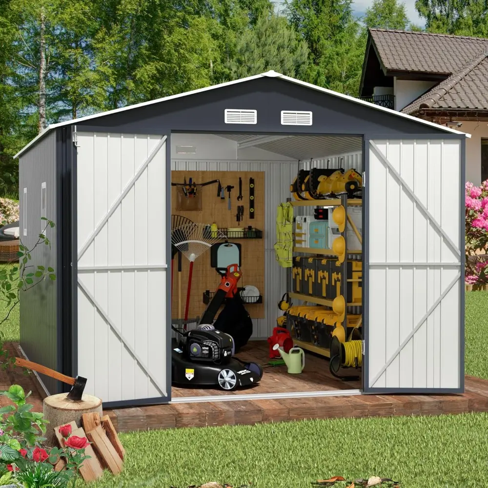 Outdoor Storage Shed 10 x 12 ft. Utility Tool Shed Metal Storage Garden Shed with Lockable Doors & Windows for Patio Storage, Mi