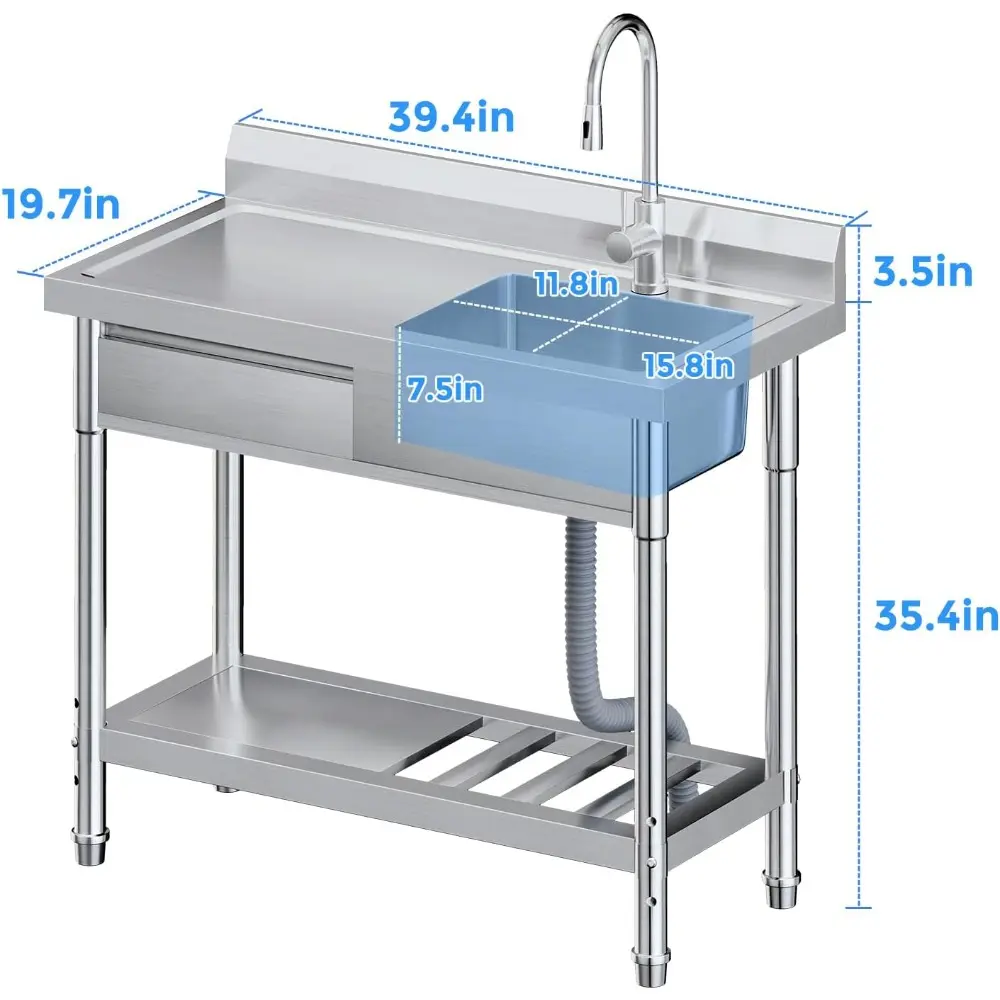 Stainless Steel Utility Sink,Freestanding Kitchen Sink with Hot and Cold Water Pipes, Drawer, Shelf, Indoor and Outdoor,39inch