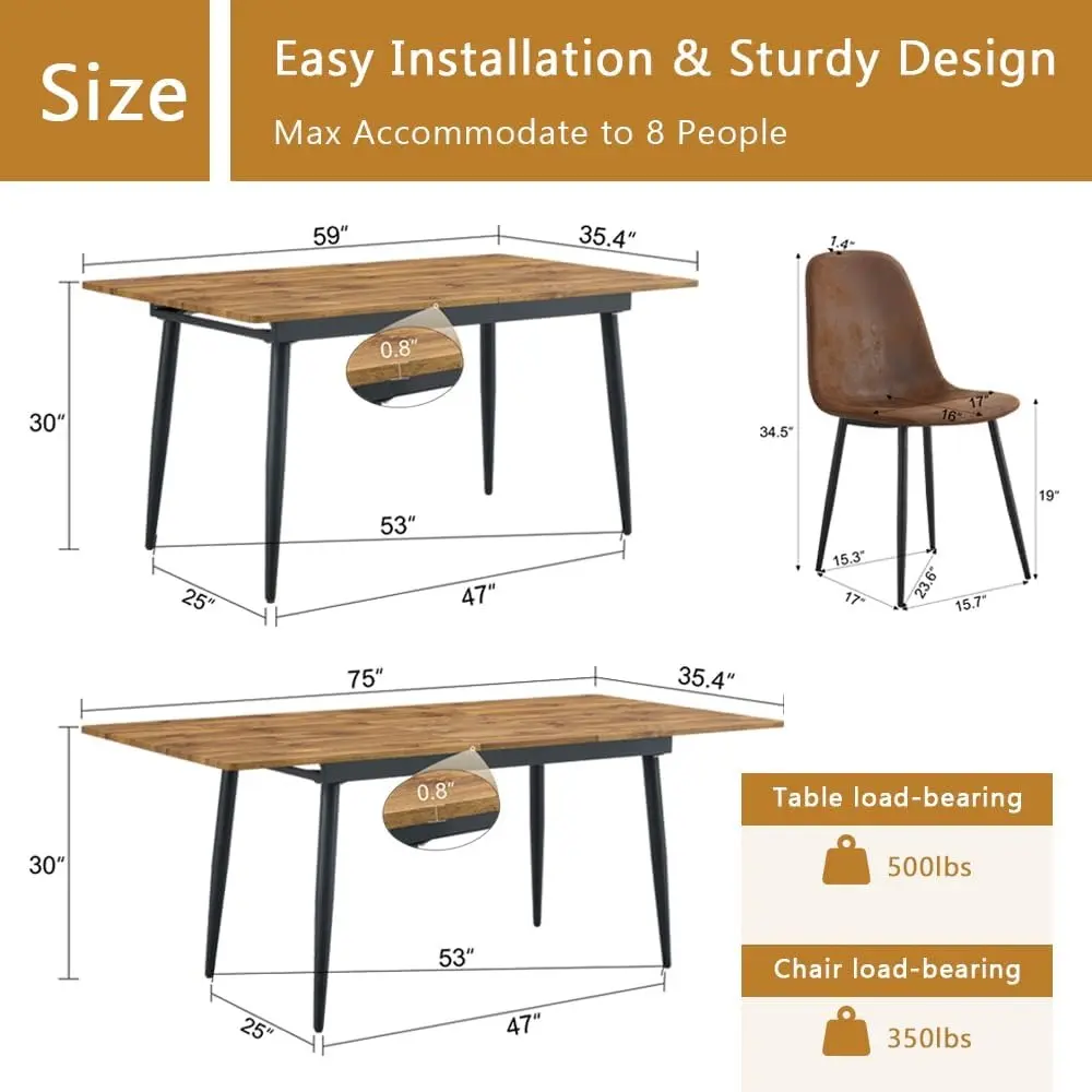 59"-75" Extendable Dining Table Set for 8 with Upholstered Chairs, Wooden Kitchen Table Chairs Set of 8, Space Saving, Easy to