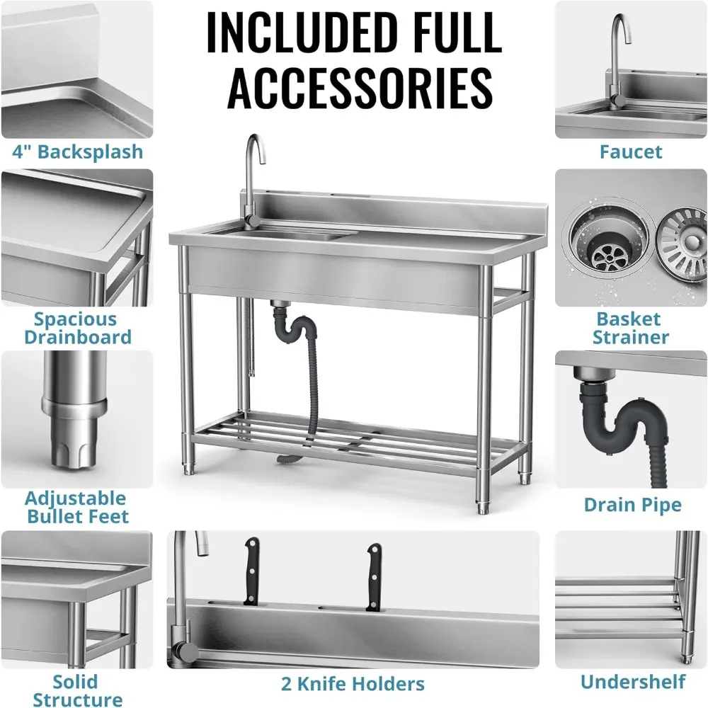 LAFATI Stainless Steel Utility Sink, 304 SUS Free Standing Kitchen Sink Single Bowl With Large Work Station Cold and Hot Water P