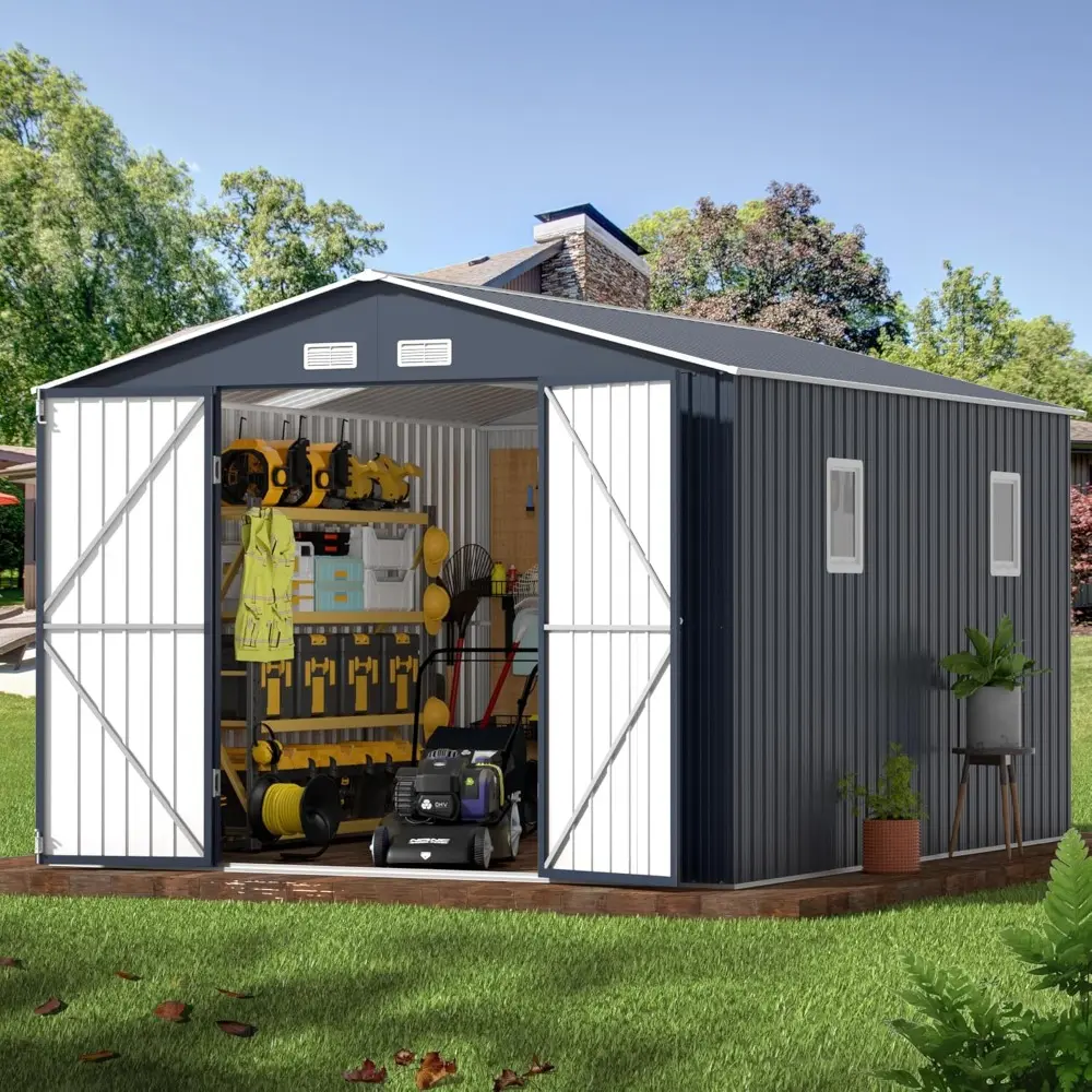 Outdoor Storage Shed 10 x 12 ft. Utility Tool Shed Metal Storage Garden Shed with Lockable Doors & Windows for Patio Storage, Mi
