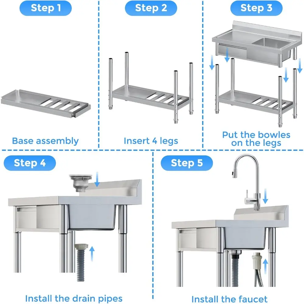 Stainless Steel Utility Sink,Freestanding Kitchen Sink with Hot and Cold Water Pipes, Drawer, Shelf, Indoor and Outdoor,39inch