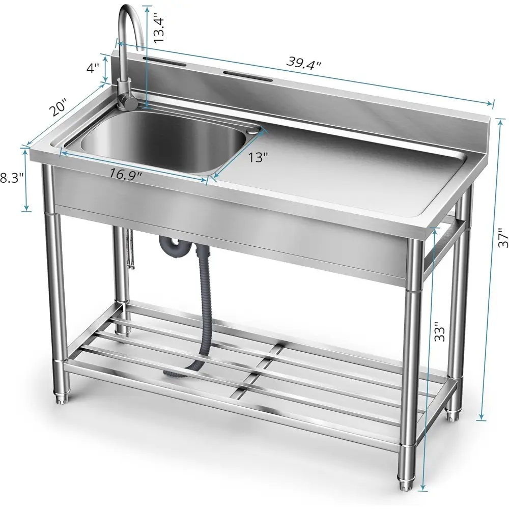 LAFATI Stainless Steel Utility Sink, 304 SUS Free Standing Kitchen Sink Single Bowl With Large Work Station Cold and Hot Water P