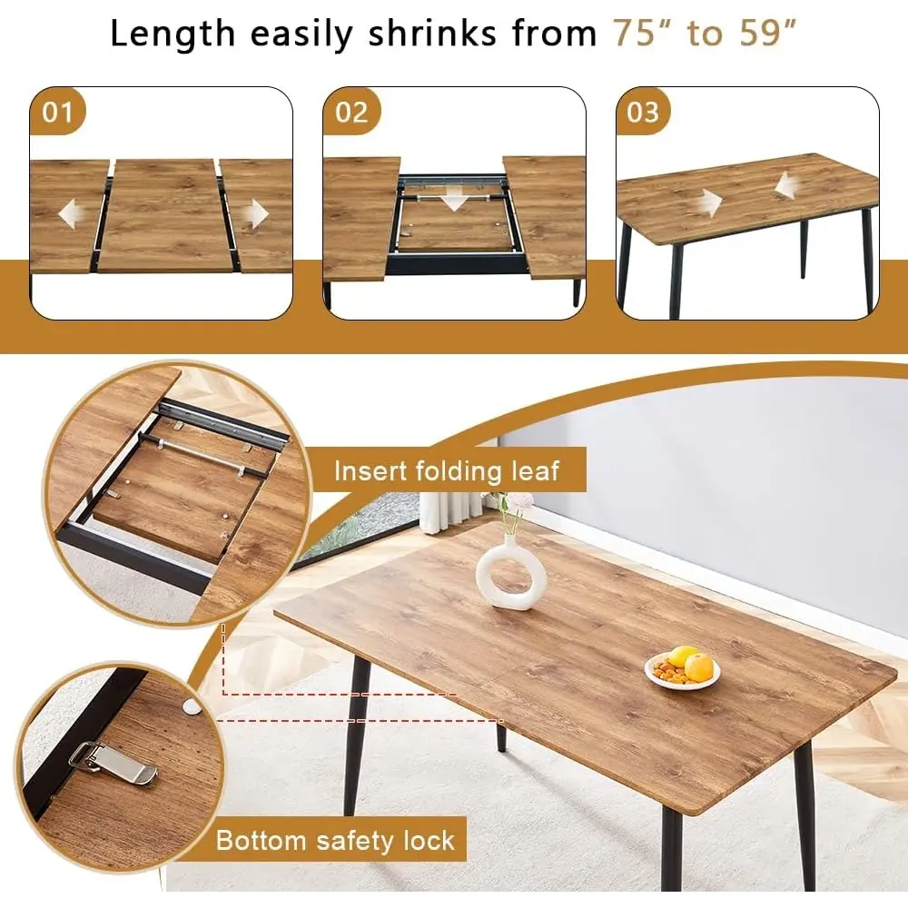 59"-75" Extendable Dining Table Set for 8 with Upholstered Chairs, Wooden Kitchen Table Chairs Set of 8, Space Saving, Easy to
