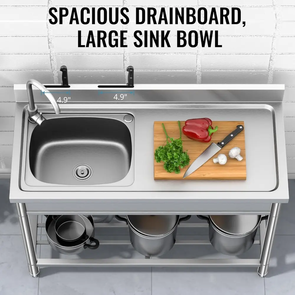 LAFATI Stainless Steel Utility Sink, 304 SUS Free Standing Kitchen Sink Single Bowl With Large Work Station Cold and Hot Water P