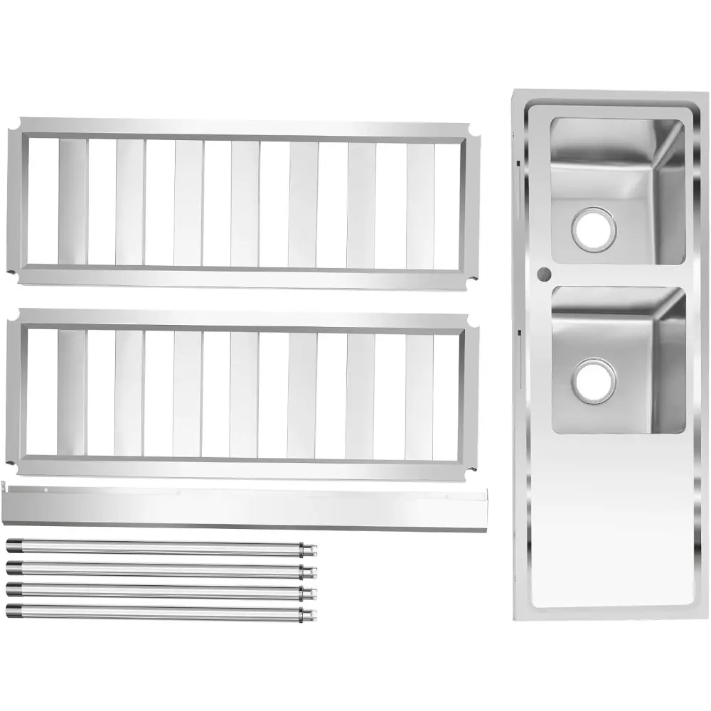 Commercial Grade Stainless Steel Prep & Utility Sink Double Bowl Free Standing Kitchen Sink with Workbench&Storage Shelves for L