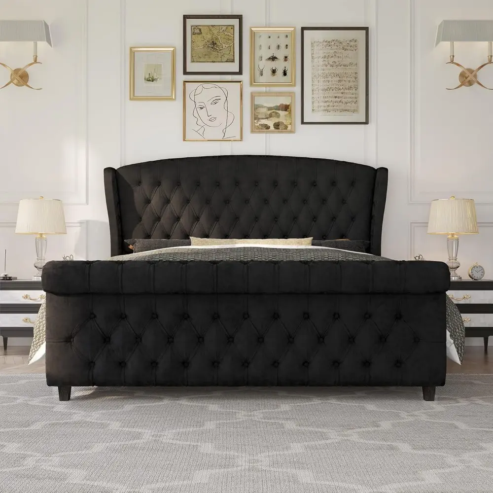 AMERLIFE Queen Size Platform Bed Frame, Velvet Upholstered Sleigh Bed with Scroll Wingback Headboard Footboard/Button Tufted/No