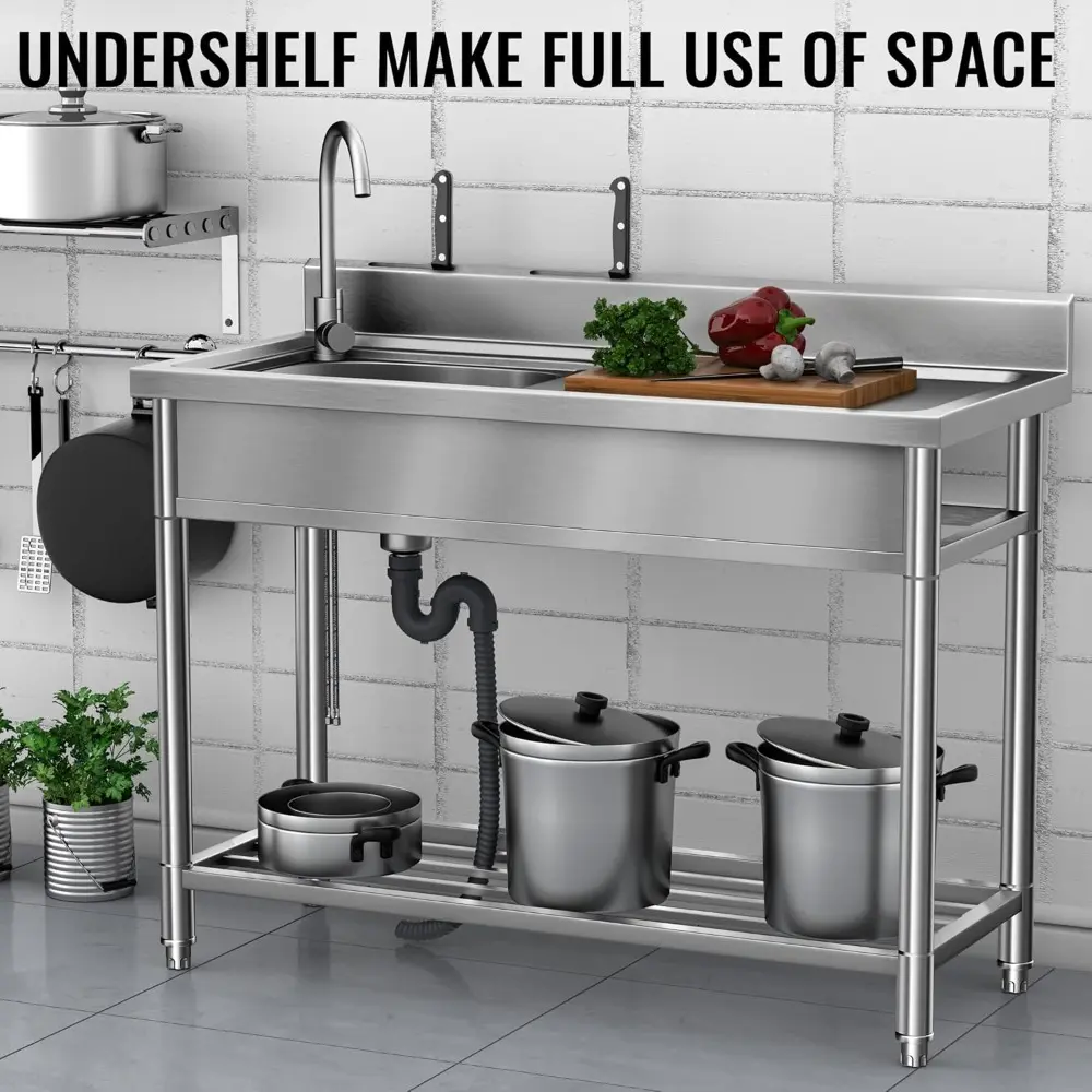 LAFATI Stainless Steel Utility Sink, 304 SUS Free Standing Kitchen Sink Single Bowl With Large Work Station Cold and Hot Water P