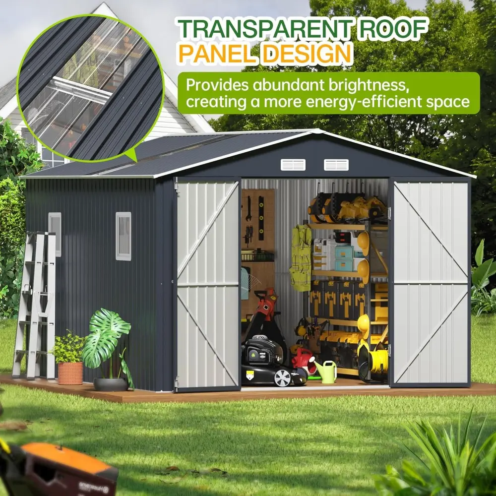 Outdoor Storage Shed 10 x 12 ft. Utility Tool Shed Metal Storage Garden Shed with Lockable Doors & Windows for Patio Storage, Mi