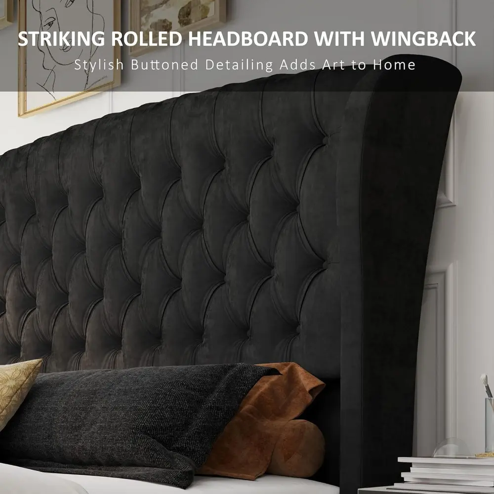 AMERLIFE Queen Size Platform Bed Frame, Velvet Upholstered Sleigh Bed with Scroll Wingback Headboard Footboard/Button Tufted/No