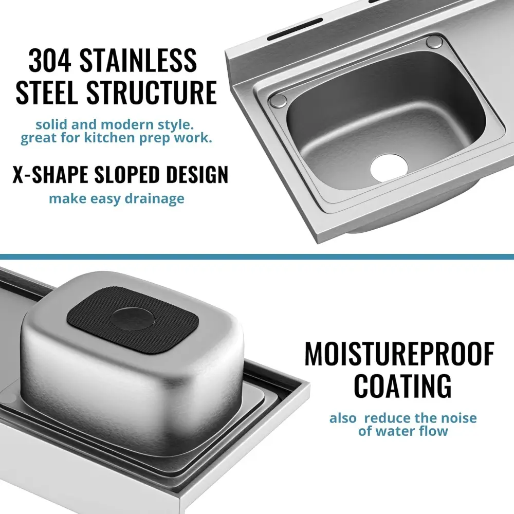 LAFATI Stainless Steel Utility Sink, 304 SUS Free Standing Kitchen Sink Single Bowl With Large Work Station Cold and Hot Water P