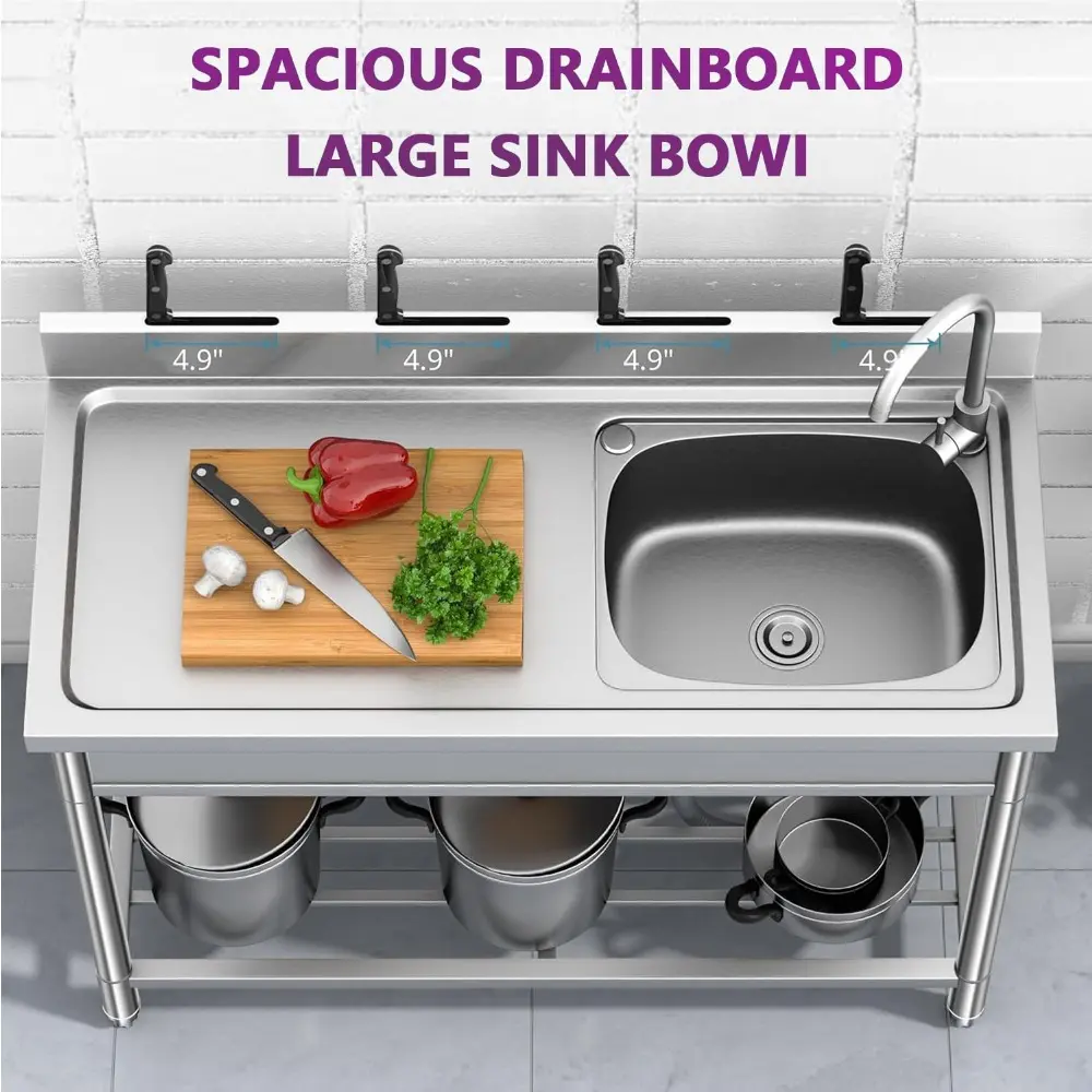 Free Standing Single Bowl Kitchen Sink,Stainless Steel Utility Sink Workbench Storage Shelf & Hot/Cold Stainless Faucet Commerci