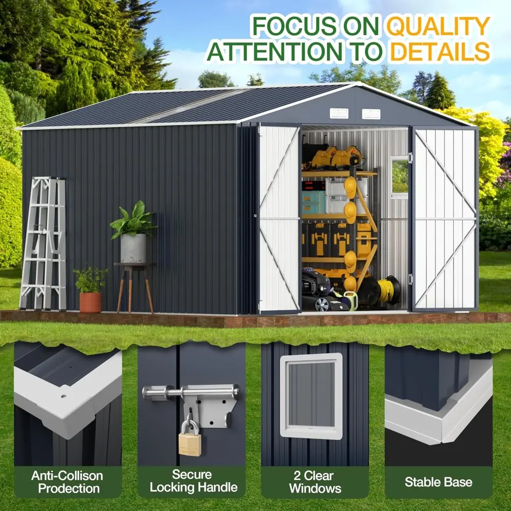 Outdoor Storage Shed 10 x 12 ft. Utility Tool Shed Metal Storage Garden Shed with Lockable Doors & Windows for Patio Storage, Mi
