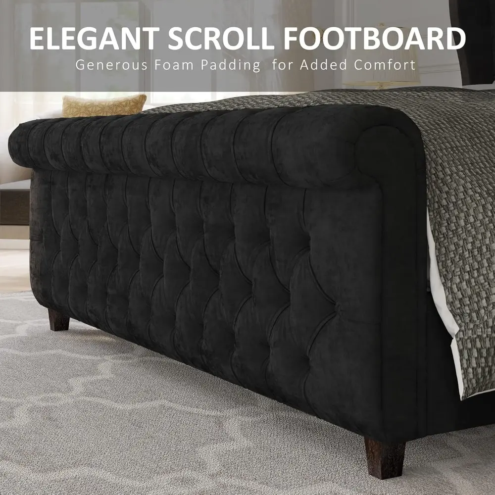 AMERLIFE Queen Size Platform Bed Frame, Velvet Upholstered Sleigh Bed with Scroll Wingback Headboard Footboard/Button Tufted/No