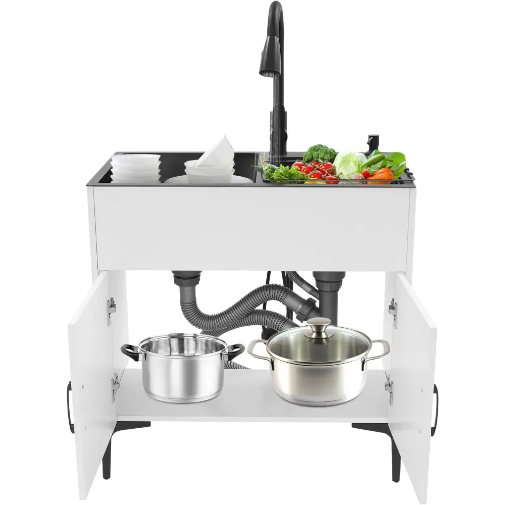 29.5-Inch Double Basin Kitchen Sink Heavy-Duty Stainless Steel Sink Combo with Pull-Out Faucet, Anti-Odor Drainage, Freestandin