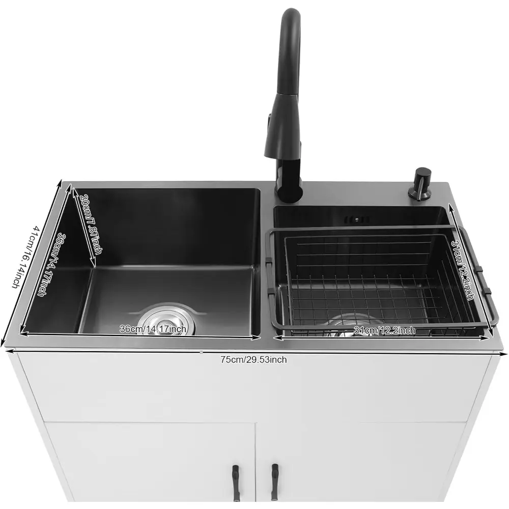 29.5-Inch Double Basin Kitchen Sink Heavy-Duty Stainless Steel Sink Combo with Pull-Out Faucet, Anti-Odor Drainage, Freestandin