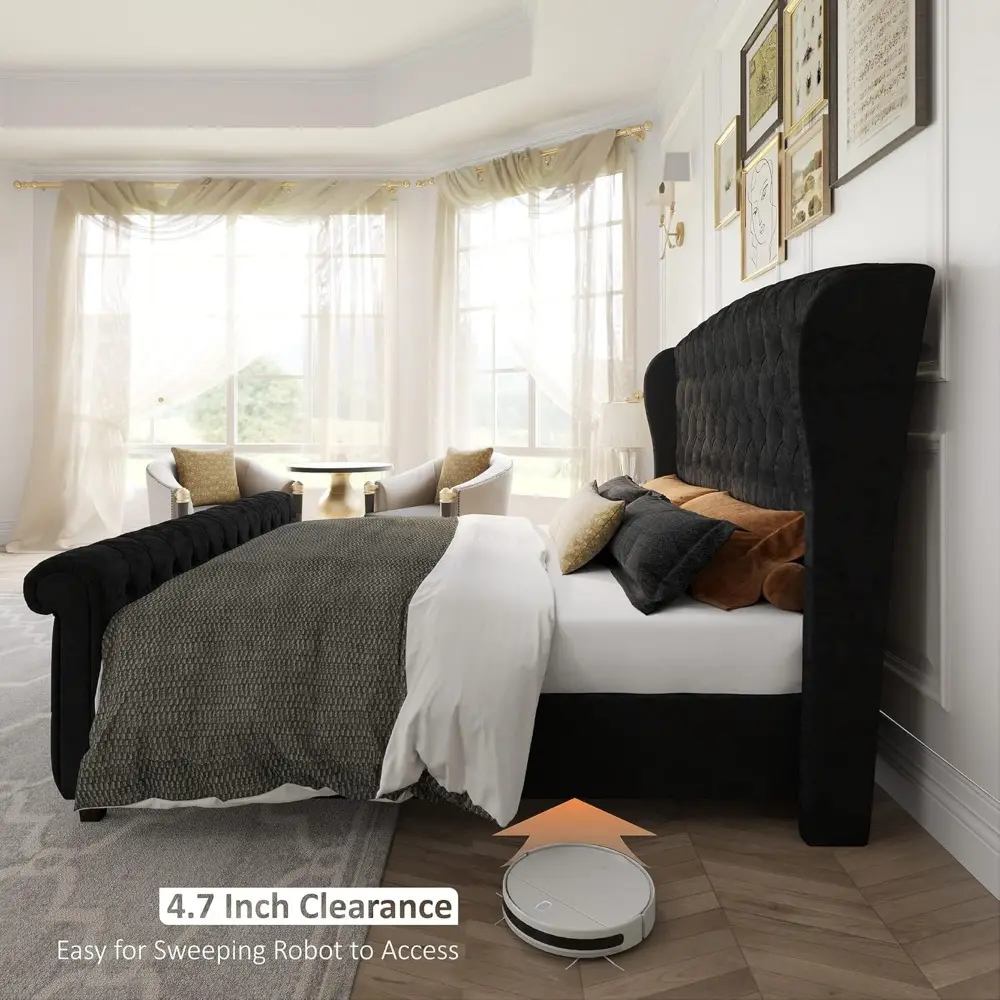 AMERLIFE Queen Size Platform Bed Frame, Velvet Upholstered Sleigh Bed with Scroll Wingback Headboard Footboard/Button Tufted/No