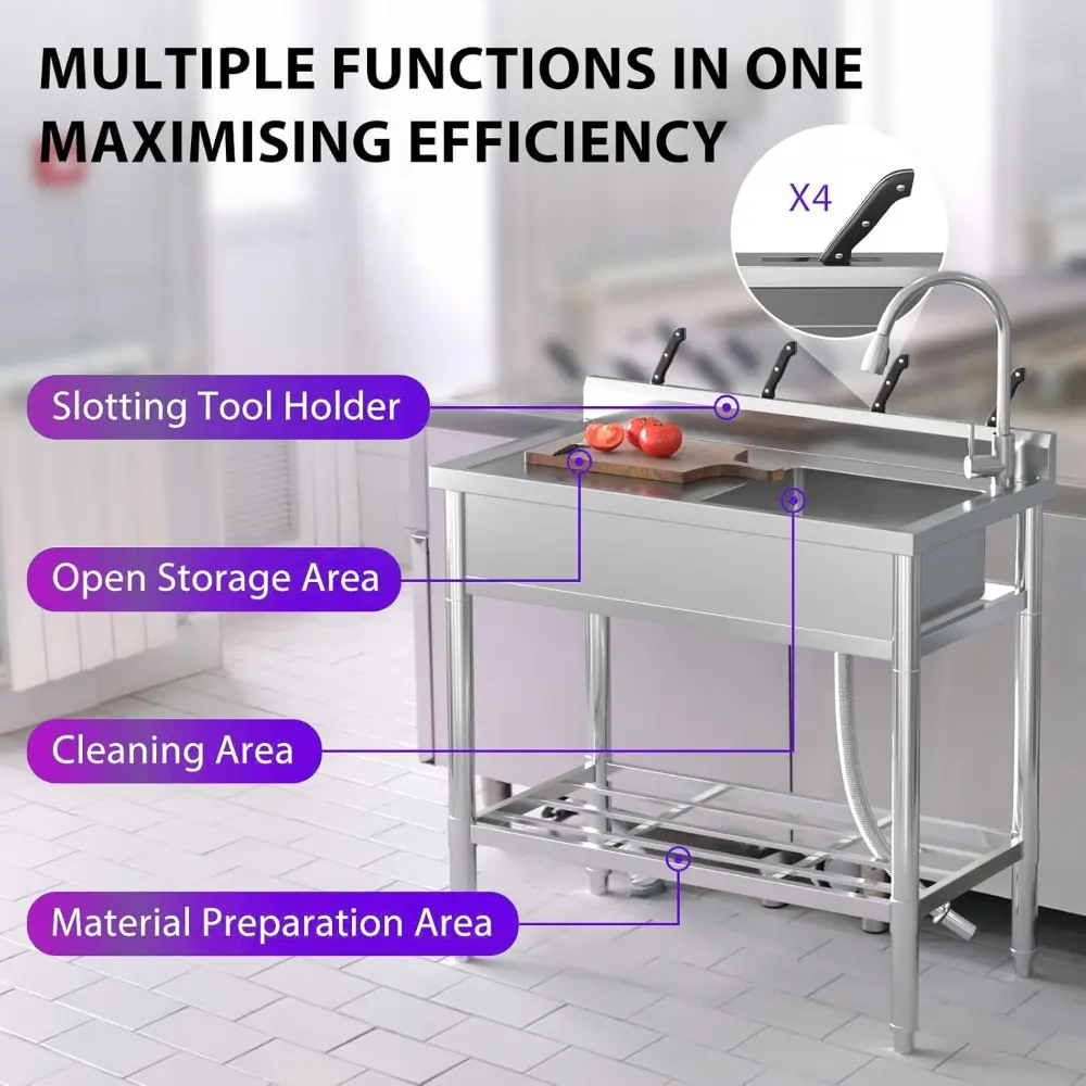 Free Standing Single Bowl Kitchen Sink,Stainless Steel Utility Sink Workbench Storage Shelf & Hot/Cold Stainless Faucet Commerci