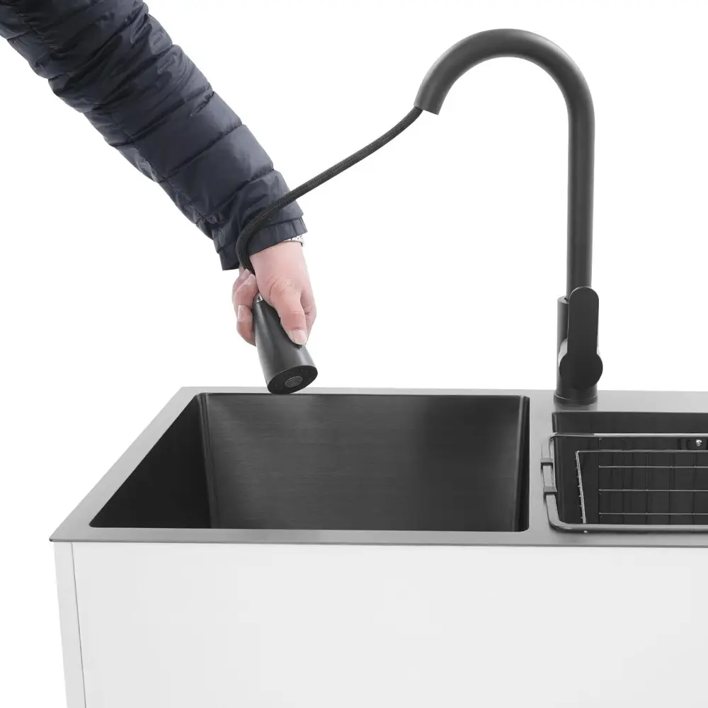 29.5-Inch Double Basin Kitchen Sink Heavy-Duty Stainless Steel Sink Combo with Pull-Out Faucet, Anti-Odor Drainage, Freestandin
