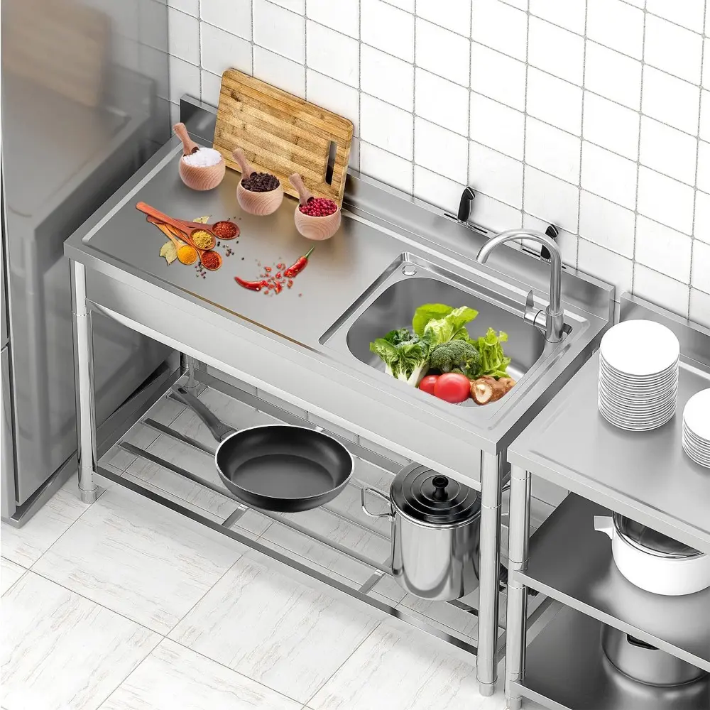 Free Standing Single Bowl Kitchen Sink,Stainless Steel Utility Sink Workbench Storage Shelf & Hot/Cold Stainless Faucet Commerci
