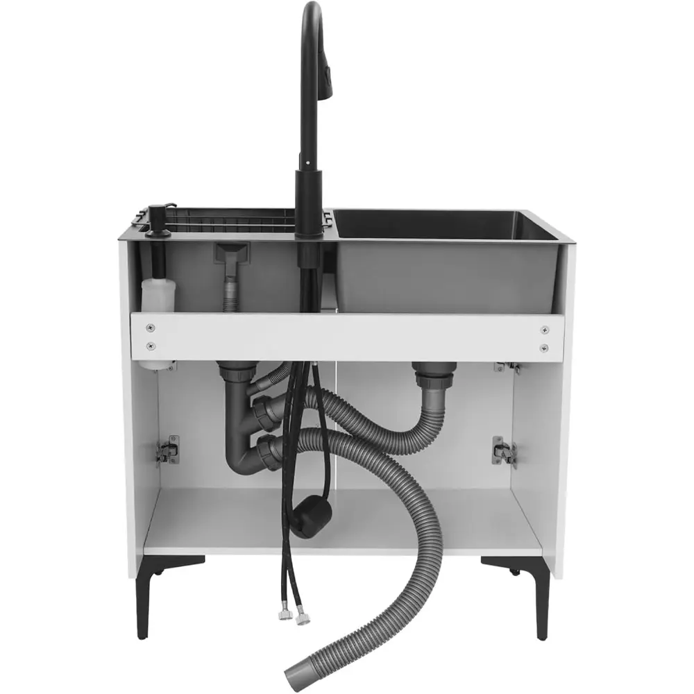 29.5-Inch Double Basin Kitchen Sink Heavy-Duty Stainless Steel Sink Combo with Pull-Out Faucet, Anti-Odor Drainage, Freestandin