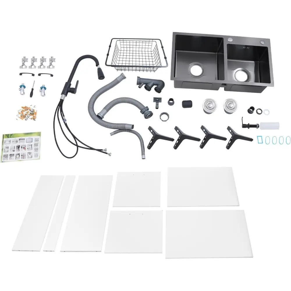29.5-Inch Double Basin Kitchen Sink Heavy-Duty Stainless Steel Sink Combo with Pull-Out Faucet, Anti-Odor Drainage, Freestandin