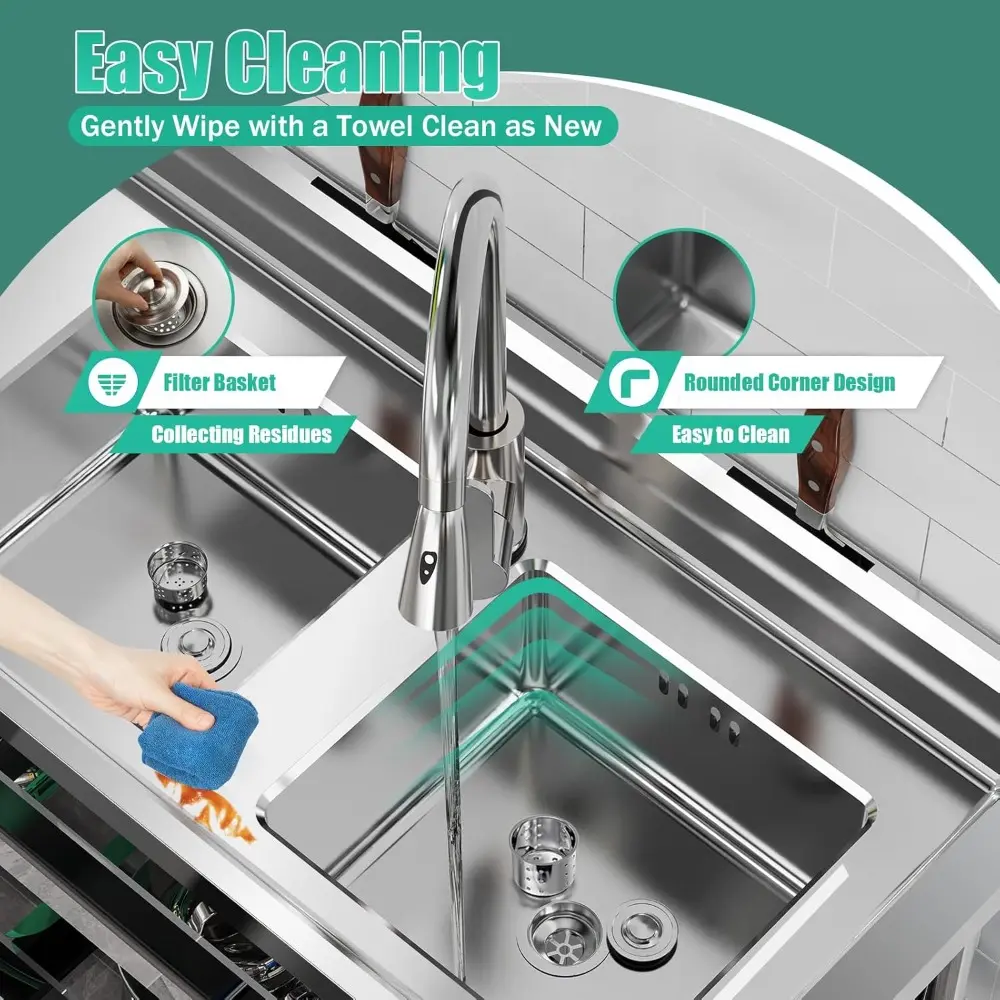 Double Bowl Kitchen Sinks, Free-Standing Utility Sink Stainless Steel Commercial Restaurant Sink with Strainer and Adjustable Te
