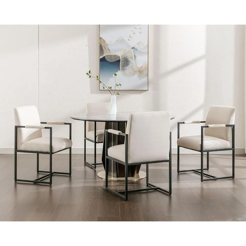 Mid Century Modern Metal Linen Dining Chairs set of 4, Upholstered Kitchen & Dining Room Chairs with Armrest, Comfy Arm Accent C
