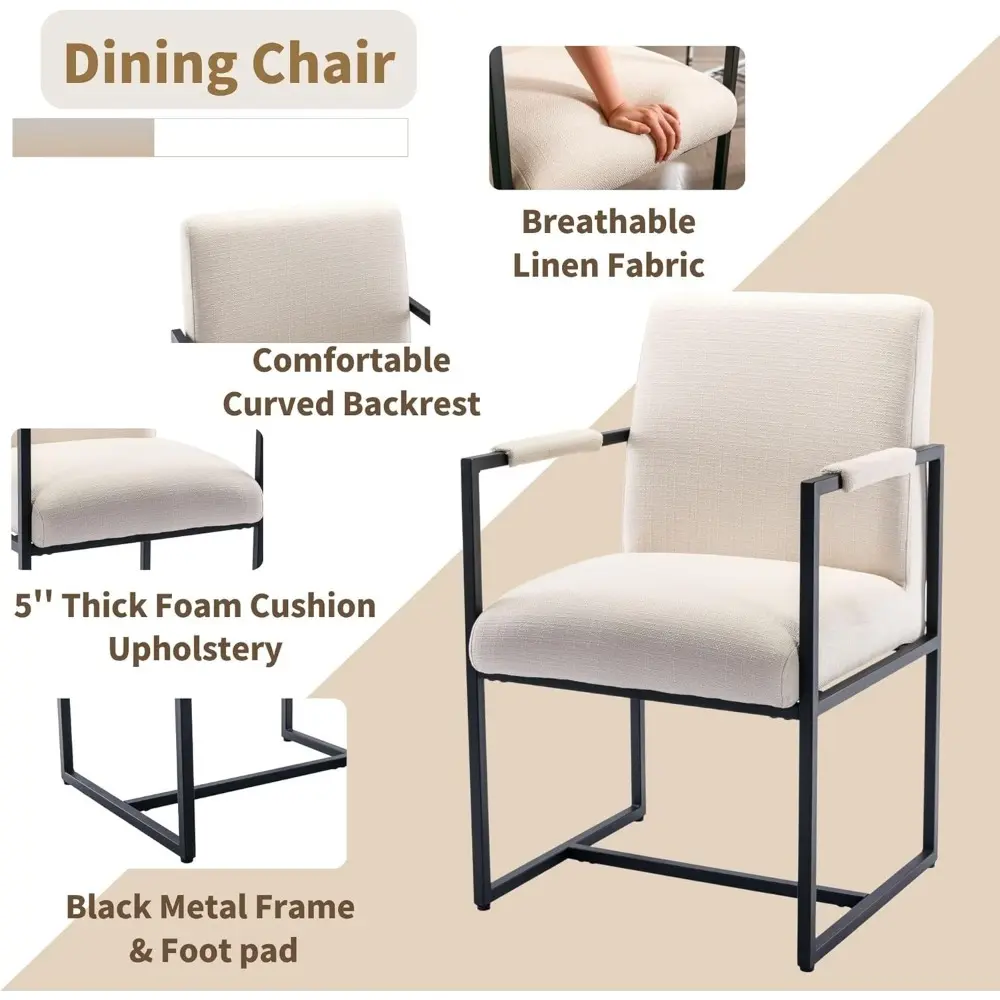 Mid Century Modern Metal Linen Dining Chairs set of 4, Upholstered Kitchen & Dining Room Chairs with Armrest, Comfy Arm Accent C