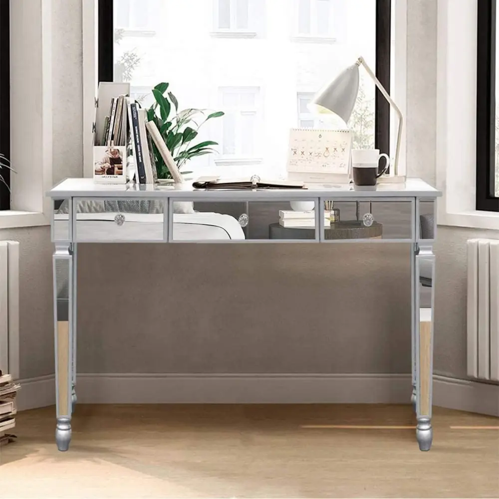 Mirrored Console Table, Modern Makeup Vanity Desk Dressing Table with 3 Drawers, Contemporary Vanity Sofa Side Table Occasional