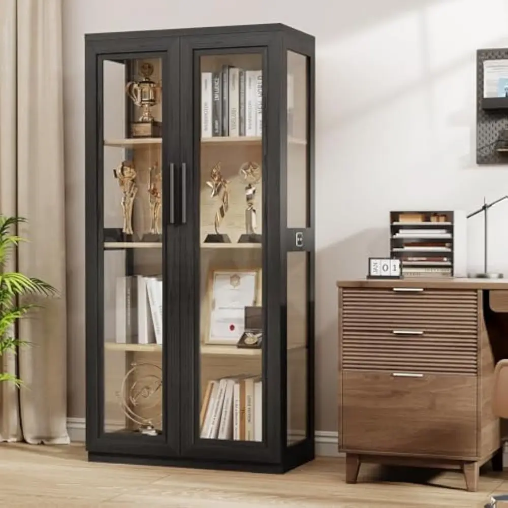 Curio Cabinet with Glass Doors, Bookcase with 4 Shelves, Display Cabinets for Collectibles, China Cabinet with 3 Color LED Light
